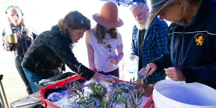 A group of people leaning over a clay modelling exercise