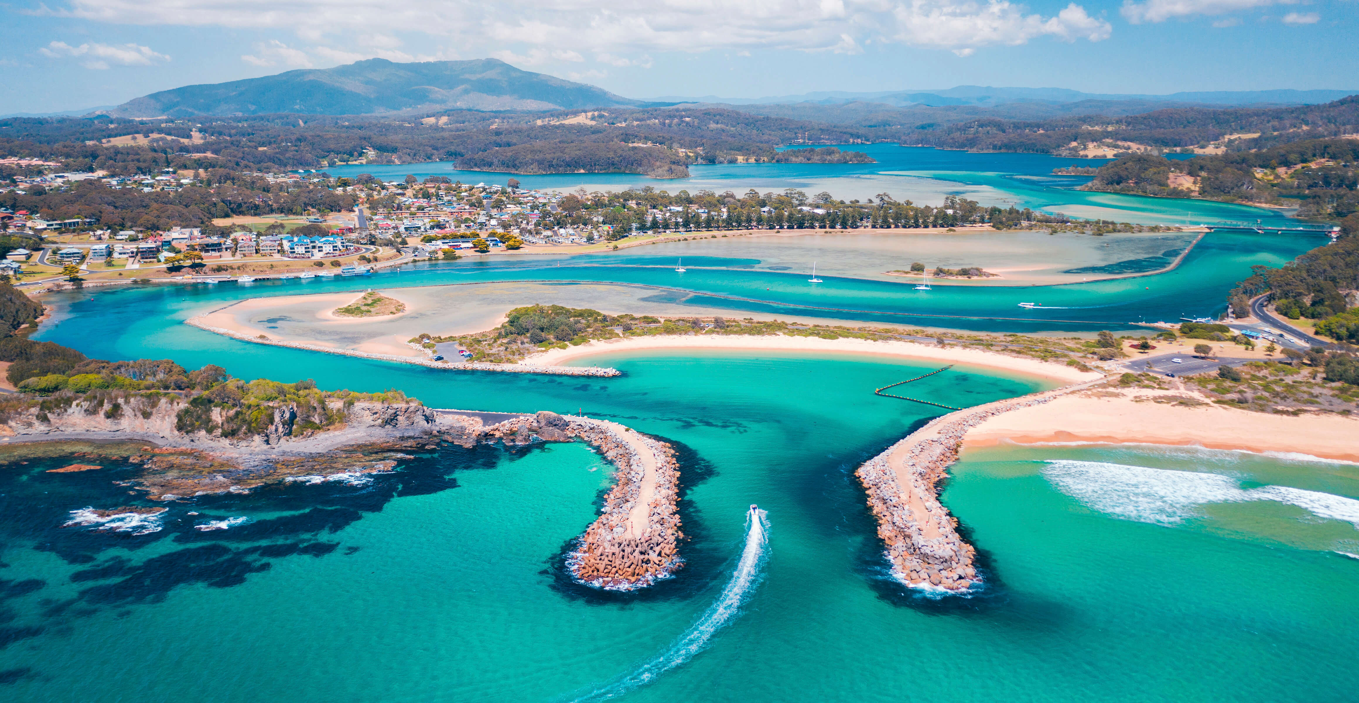Aerial view of an estuary in Narooma in NSW.