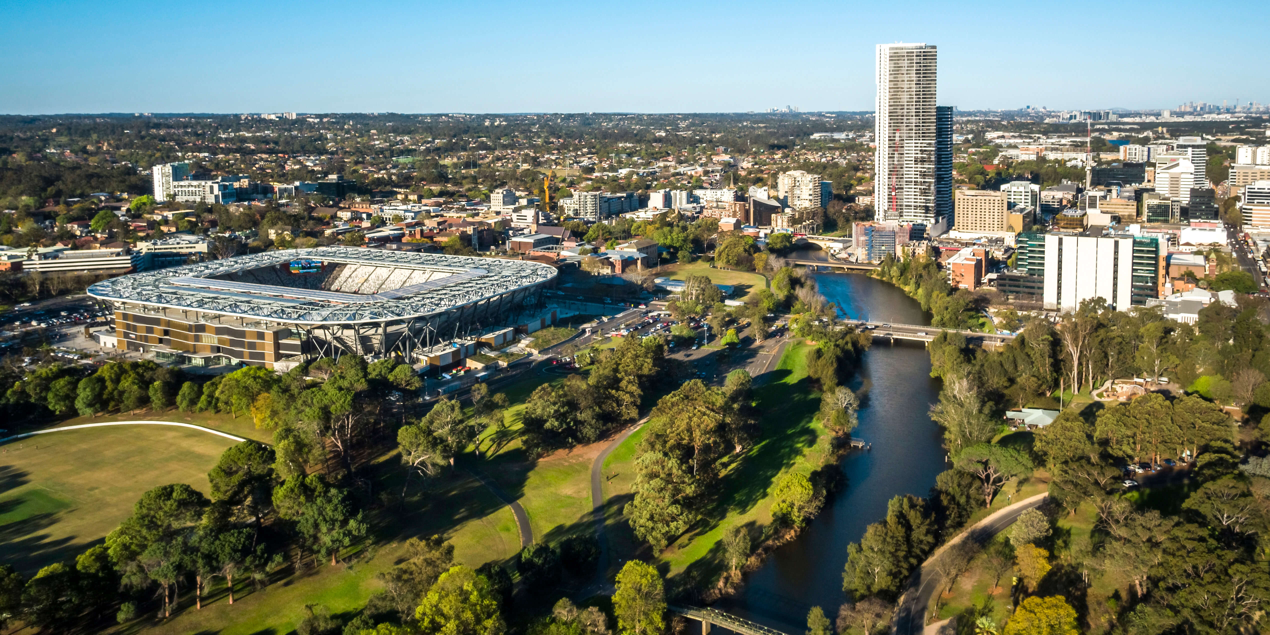 Aerial overlooking the Bankwest Stadium, Parramatta in Western Sydney