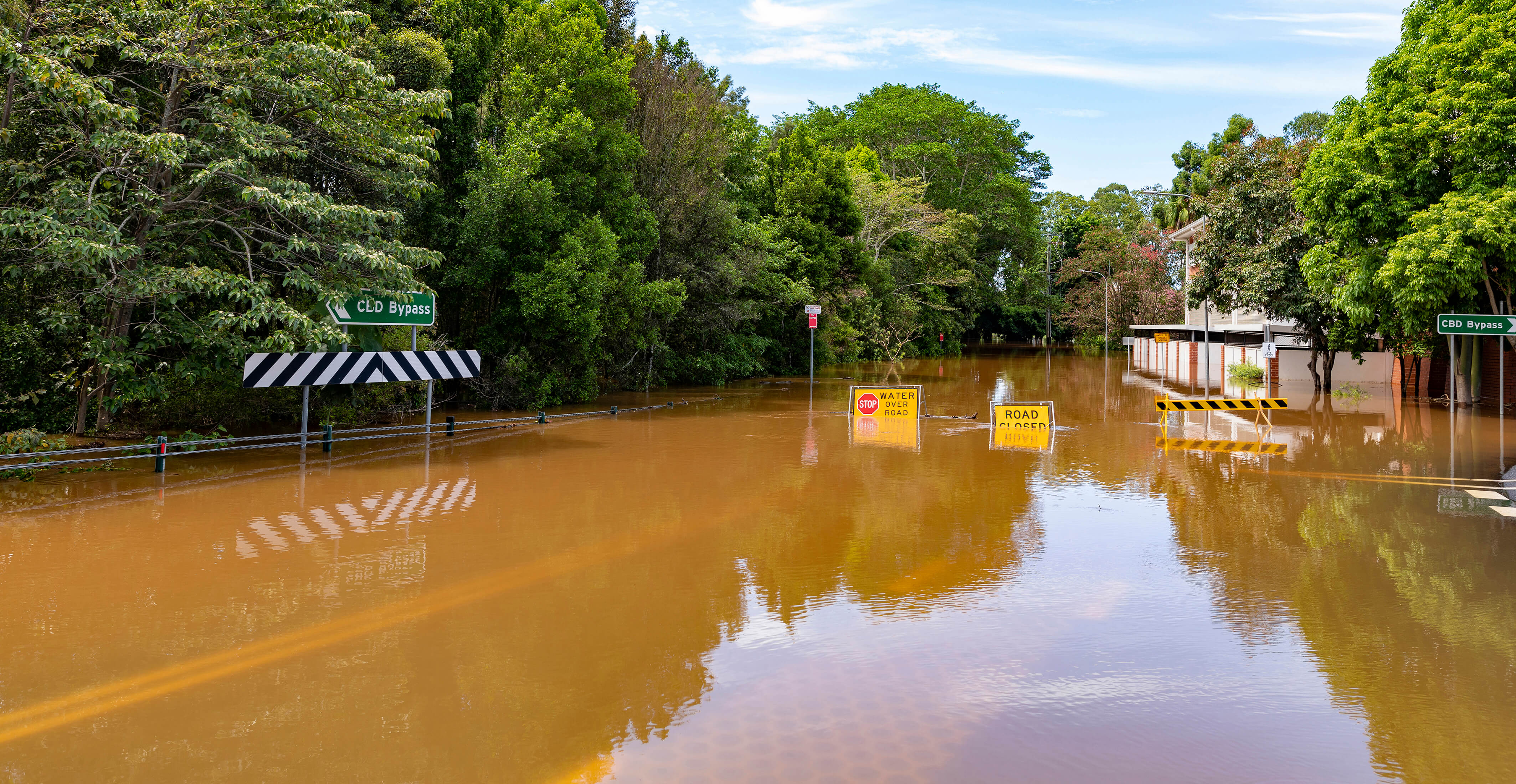 Flooded road with flood sign under water