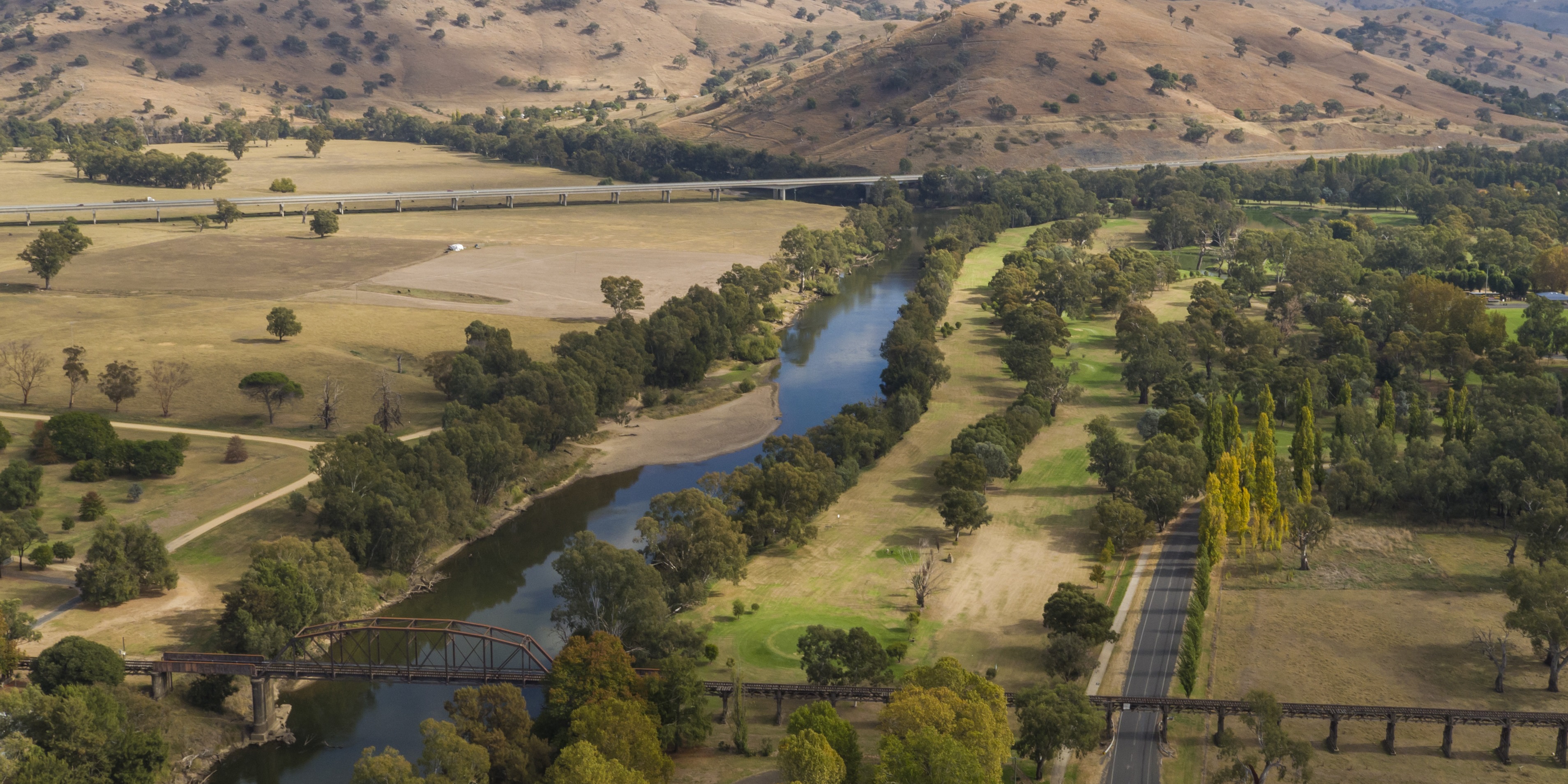Aerials overlooking Murrumbidgee River and rural Gundagai