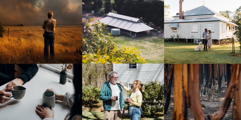 Collage of bushfire and homes