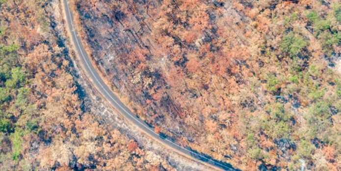 Burnt landscape with road through