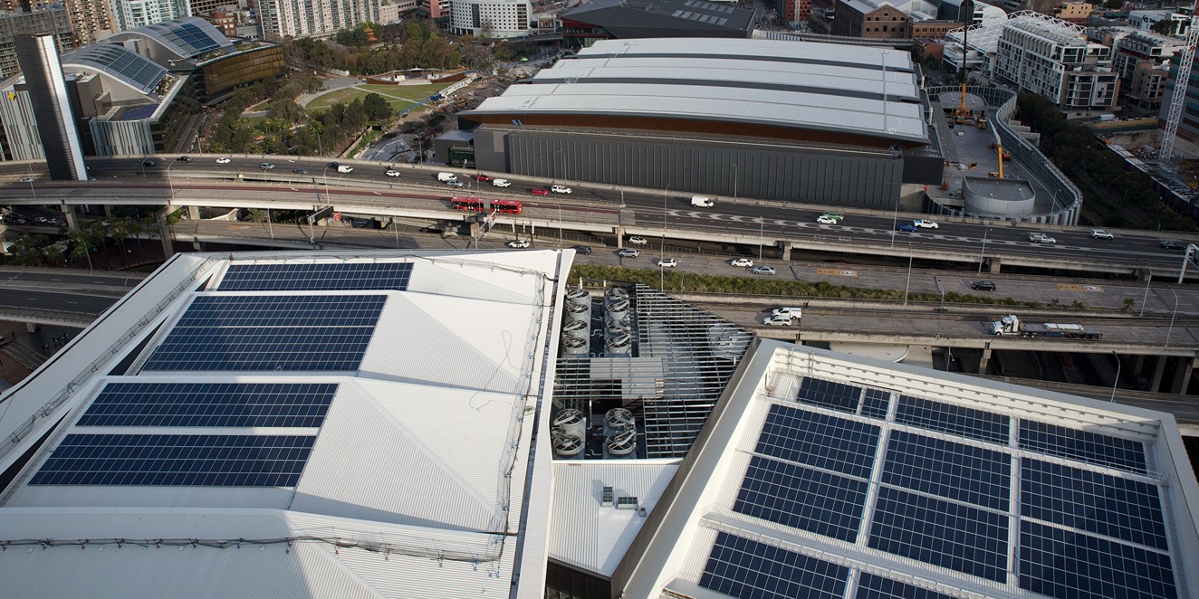 Darling Harbour rooftops and cityscape, showing solar panels on the rooftops