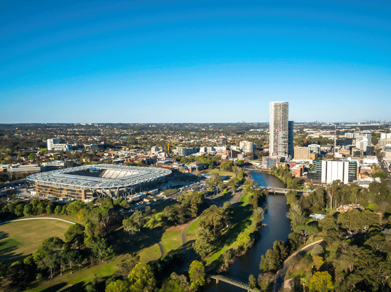 Aerial overlooking the Bankwest Stadium, Parramatta in Western Sydney.