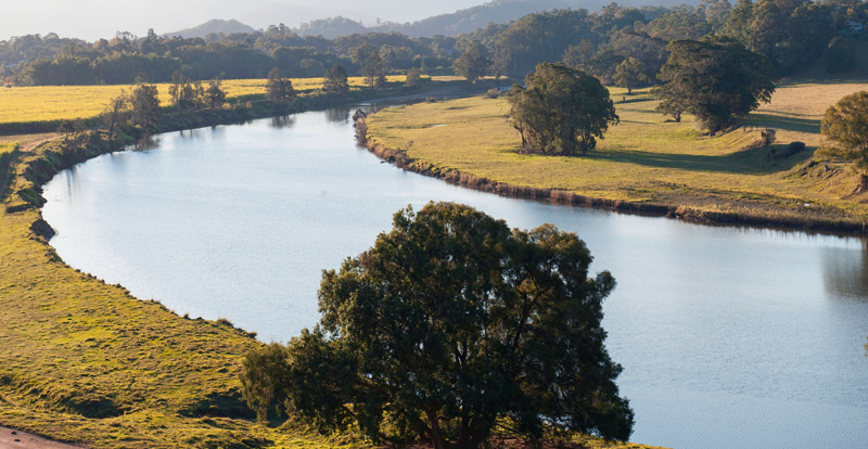 Landscape of a countryside showing a river in a curve with a few trees and mountains in the background.