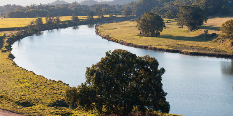 Landscape of a countryside showing a river in a curve with a few trees and mountains in the background.