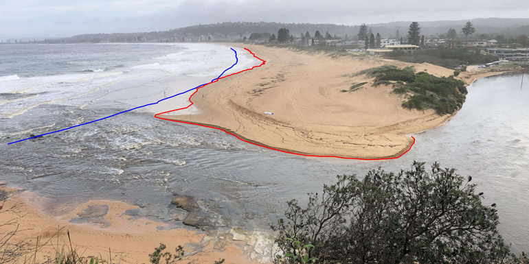 A beach and river entrance on a cloudy day with a red line showing the current shoreline location and a blue line showing the previous shoreline location