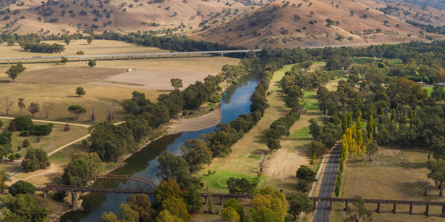 Aerials overlooking Murrumbidgee River and rural Gundagai