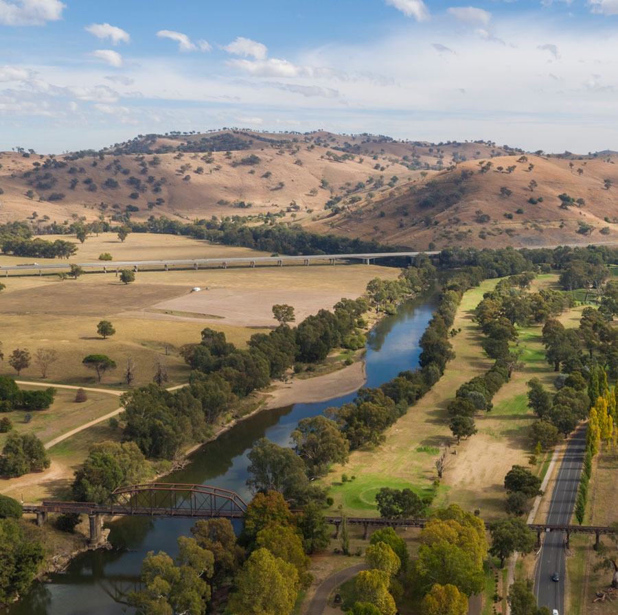 Aerials overlooking Murrumbidgee River and rural Gundagai