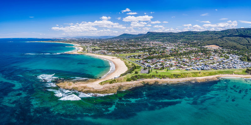 Aerial scenic coastline showing Sandon Point in Bulli in NSW.