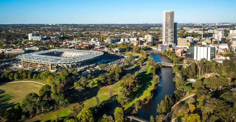 Aerial overlooking the Bankwest Stadium, Parramatta in Western Sydney