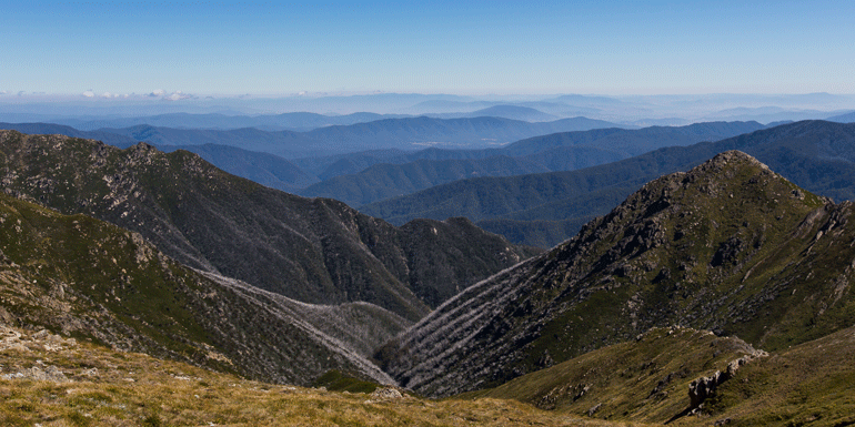 Stunning scenic views across Kosciuszko National Park from the Main Range Track. 