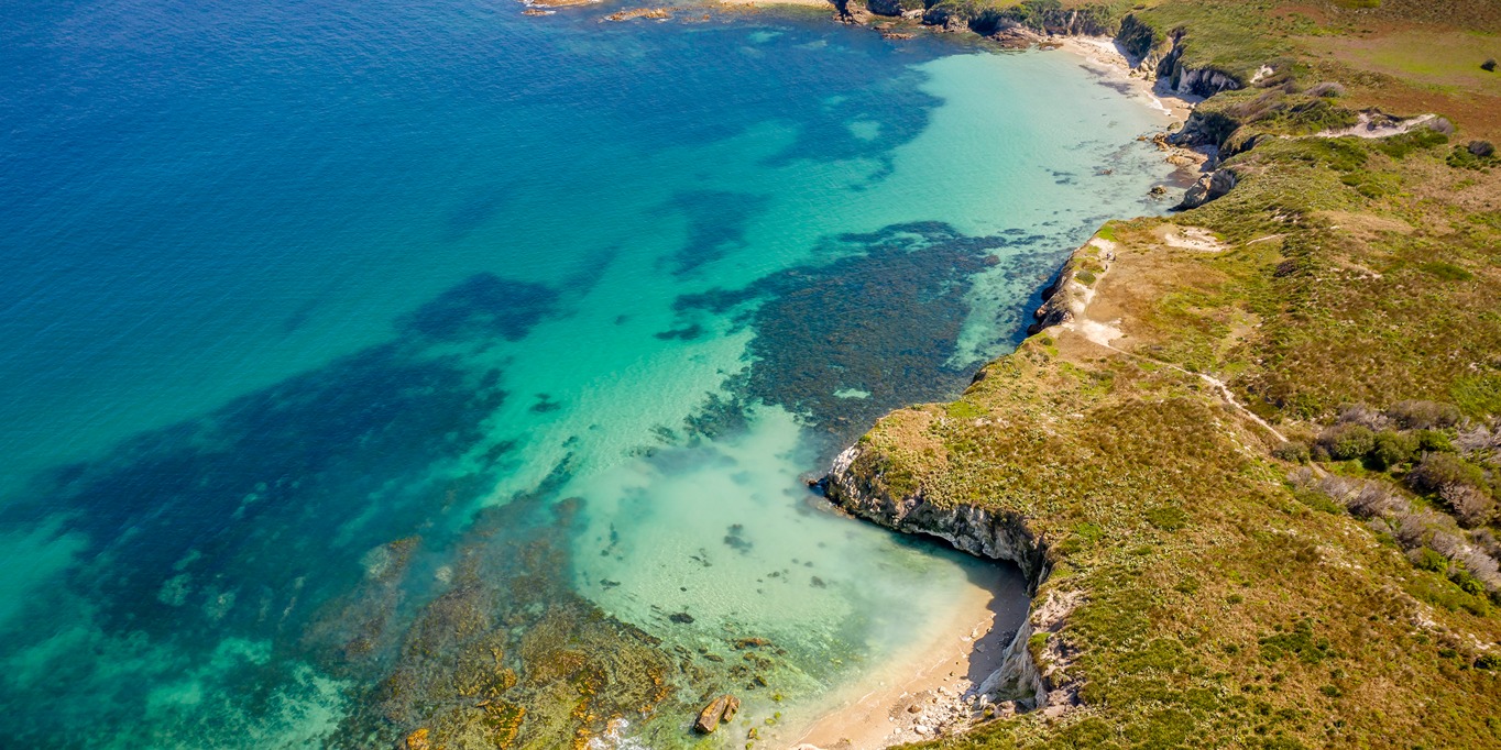 Aerial view of coastline containing nature, reef, shore, ocean floor. 