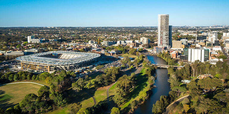 Aerial overlooking the Bankwest Stadium, Parramatta in Western Sydney.