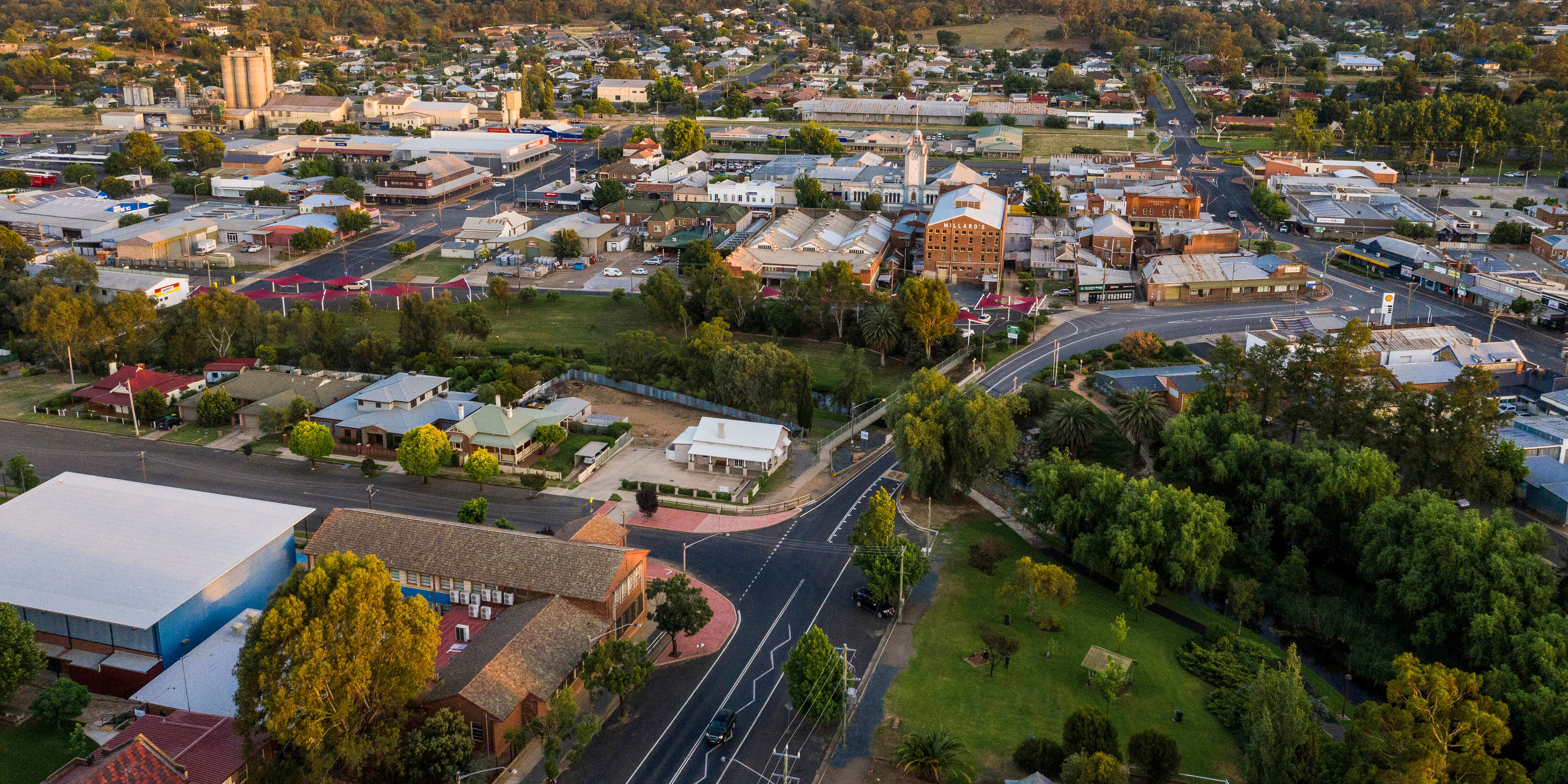 Aerial view of town centre with roads, streets and houses