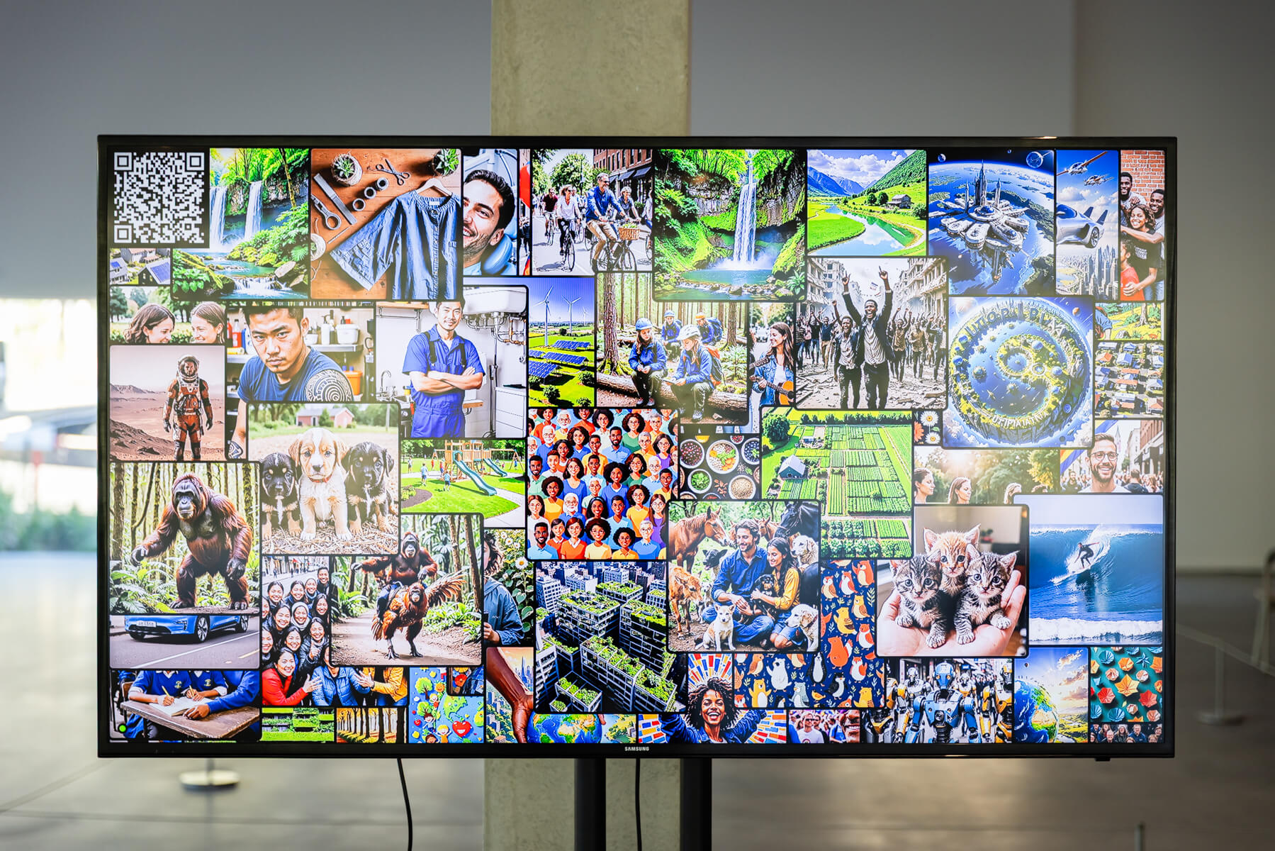 An LCD screen shows collated images generated by AI.