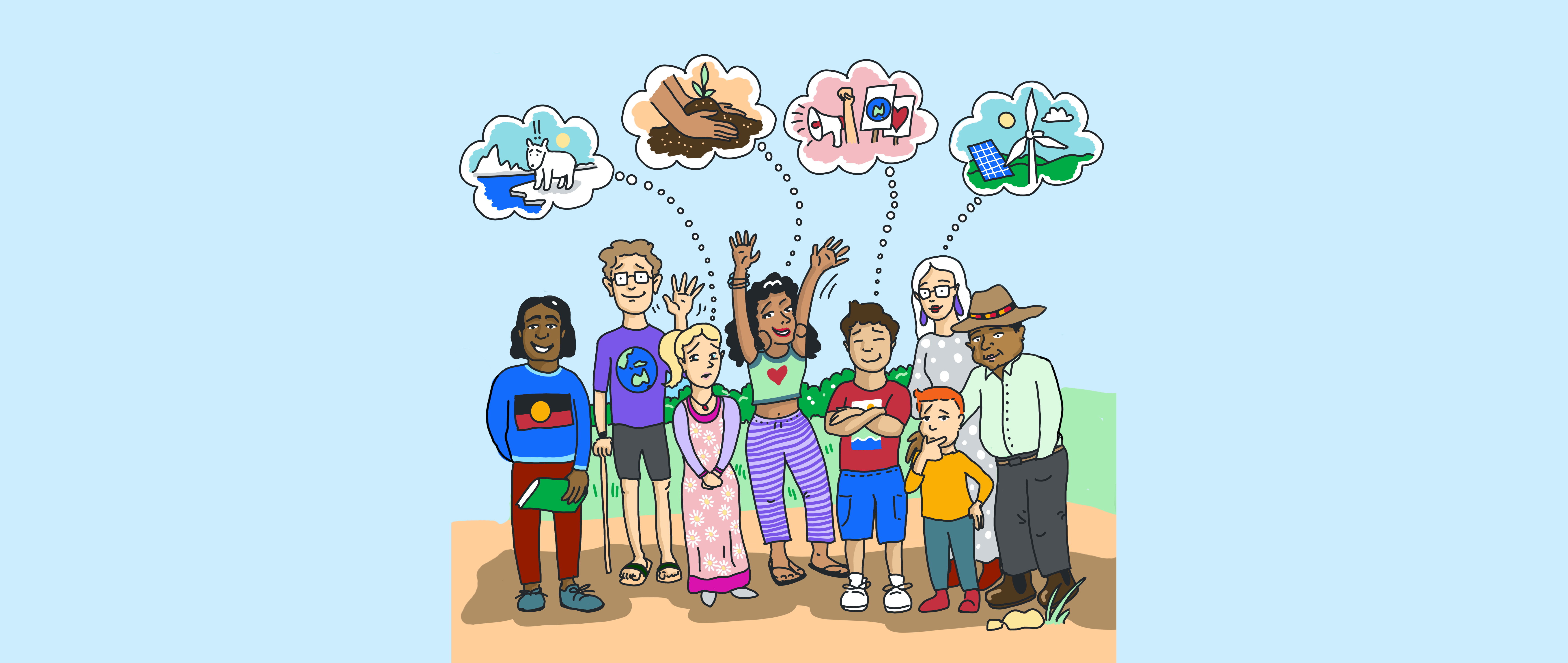 Illustration of a group thinking about climate change and climate action.