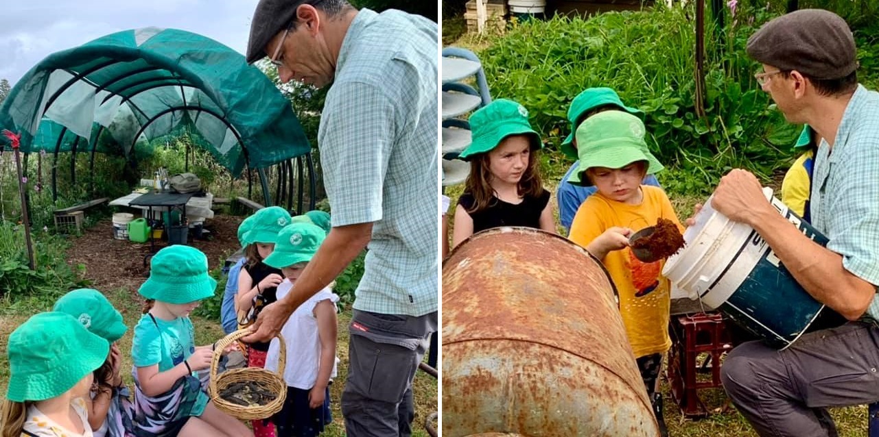 Two images of Bermagui preschoolers learning about sustainable agriculture