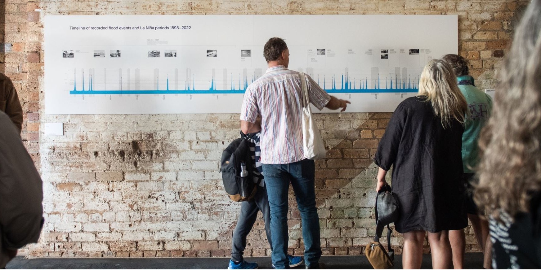 Two people looking at a large scale timeline on a wall. 