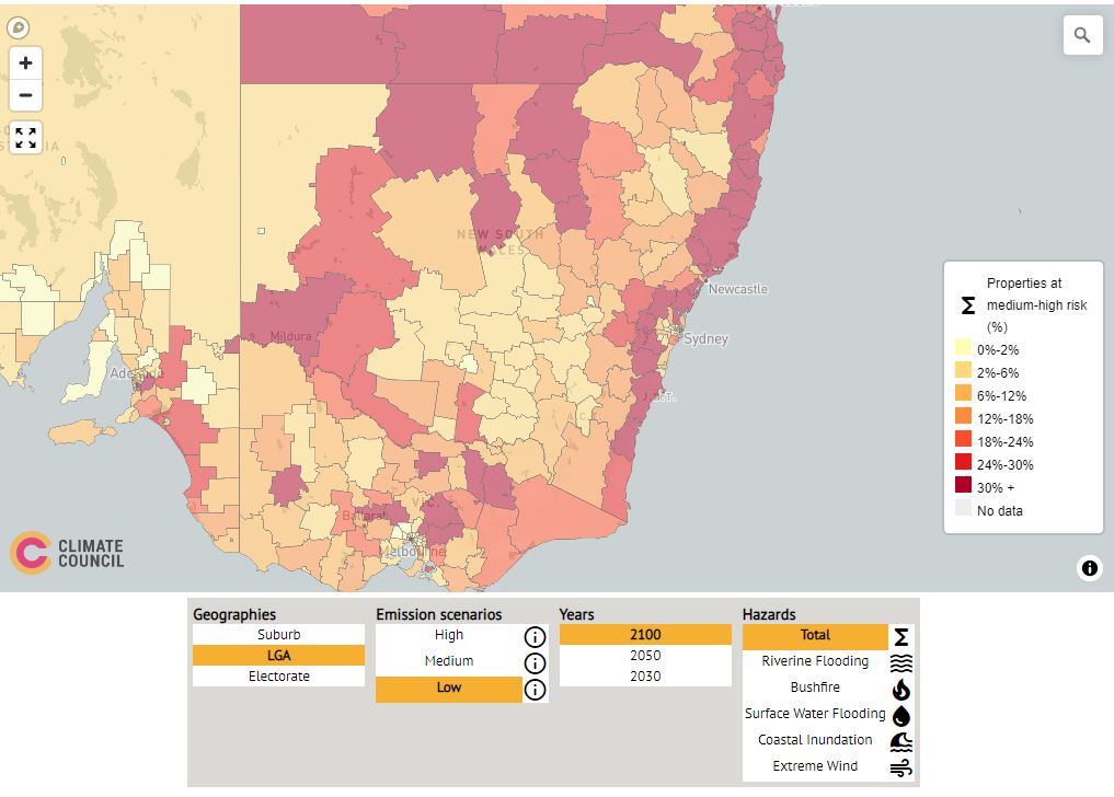 The Climate Council’s interactive climate risk map of Australia incorporates NARCliM data and provides a visualisation of climate hazards across the nation down to the suburb.